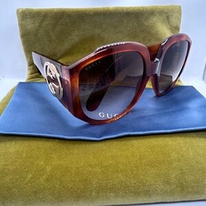 Gucci Women's Sunglasses in Amazing Havana with Chunky Gold Gucci Emblem